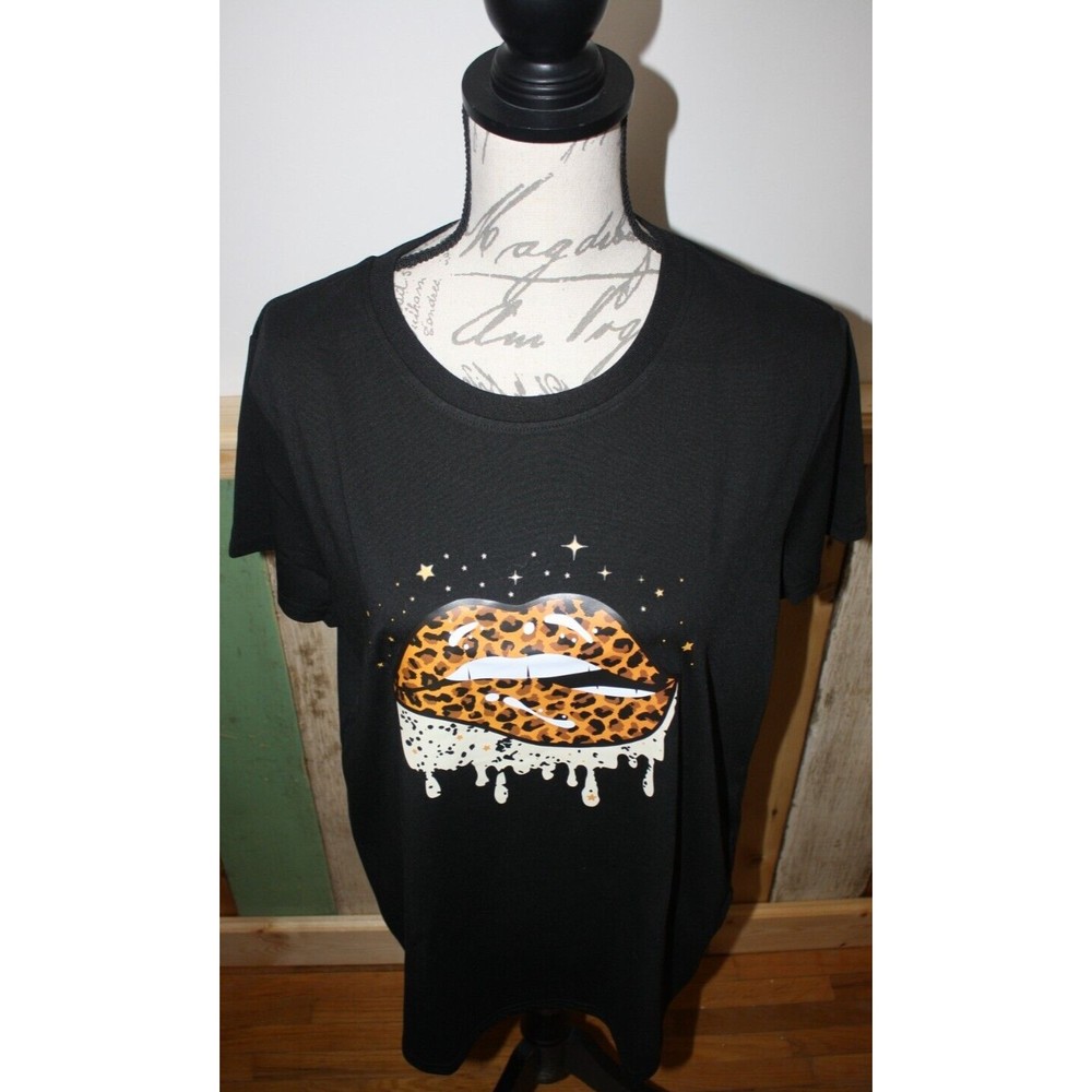 Leopard Lips T-Shirt Graphic BlackTop Short Sleeve XL/12 Cotton Solid Print